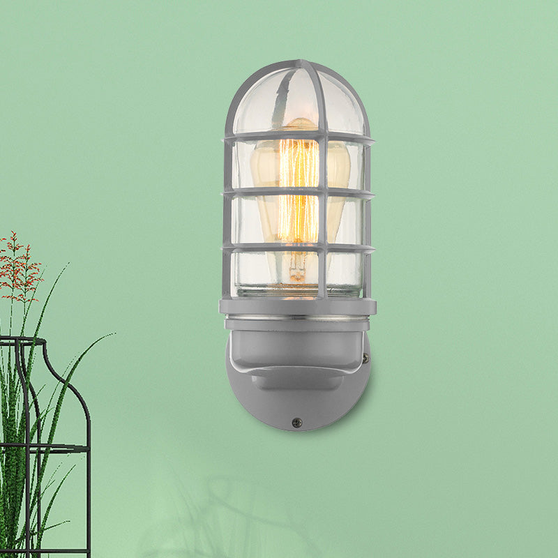 Siopsrl| Cylinder Clear Glass Wall Mounted Lamp Industrial Single Bulb Living Room Wall Light in Pink/Blue/Green with Cage