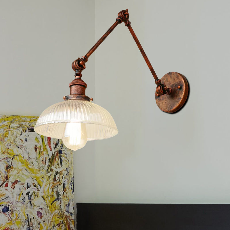 Siopsrl| 1 Light Ribbed Glass Wall Lamp Light Industrial Antique Brass/Black/Rust Dome Living Room Lighting Fixture with Swing Arm
