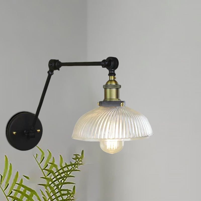 Siopsrl| 1 Light Ribbed Glass Wall Lamp Light Industrial Antique Brass/Black/Rust Dome Living Room Lighting Fixture with Swing Arm