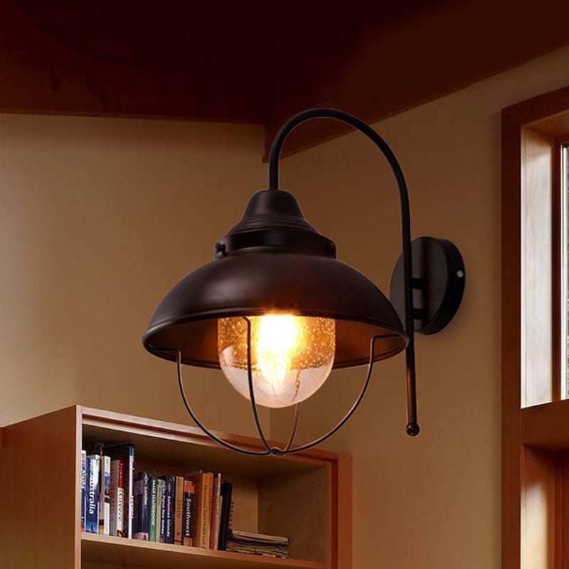 Siopsrl| Farmhouse Dome Wall Lamp 1 Light Metal Wall Lighting with Cage and Sawed Glass Shade in Black