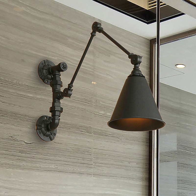 Siopsrl| 1 Bulb Swing Arm Wall Lamp Lighting Industrial Black Metal Wall Mount Light with Cone Shade
