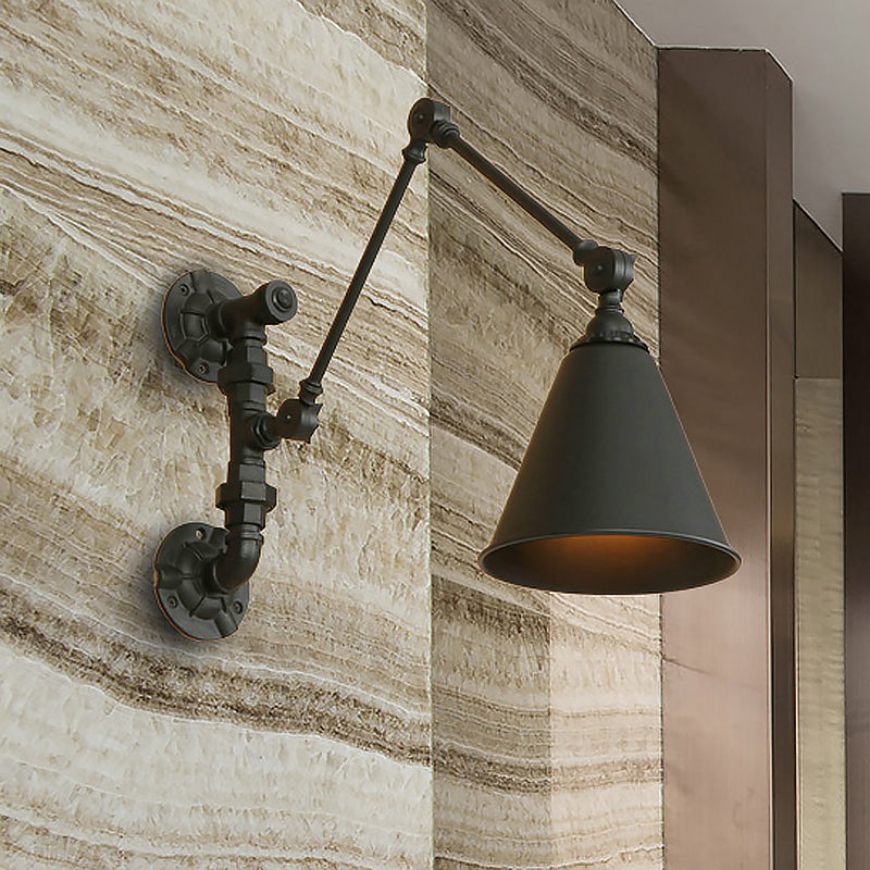 Siopsrl| 1 Bulb Swing Arm Wall Lamp Lighting Industrial Black Metal Wall Mount Light with Cone Shade