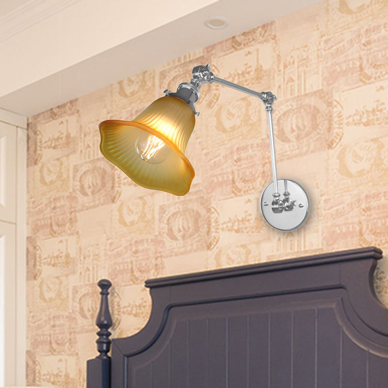 Siopsrl| 1 Light Flare Wall Light Fixture Industrial Design Chrome Amber Textured Glass Wall Lamp for Bedroom