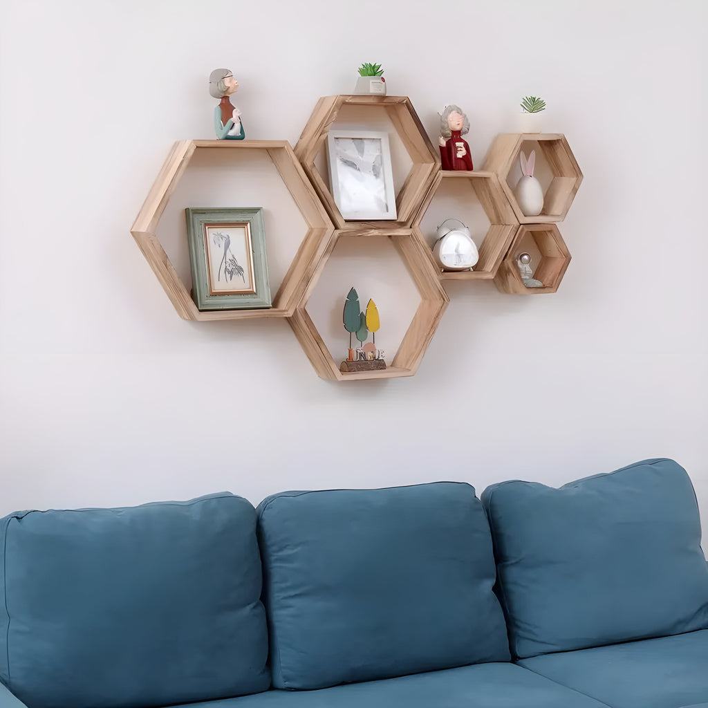 Siopsrl| Wall shelf set HexaWood | 5-piece | Hexagon design | Rustic wood look