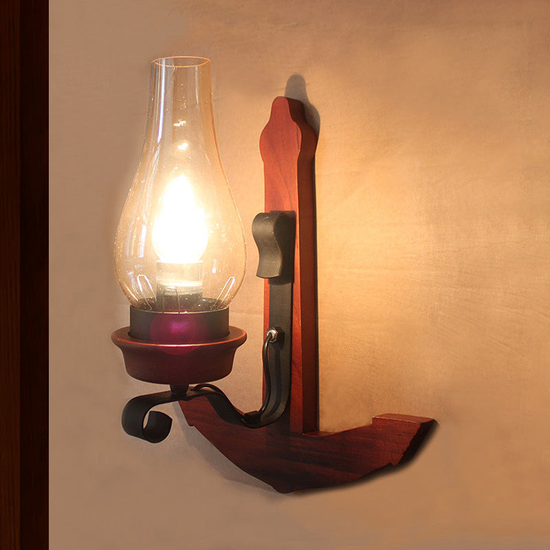 Siopsrl| Vase Porch Wall Lamp Light Fixture Industrial Clear Glass Red Colored Wall Lamp with Wooden Back Plate