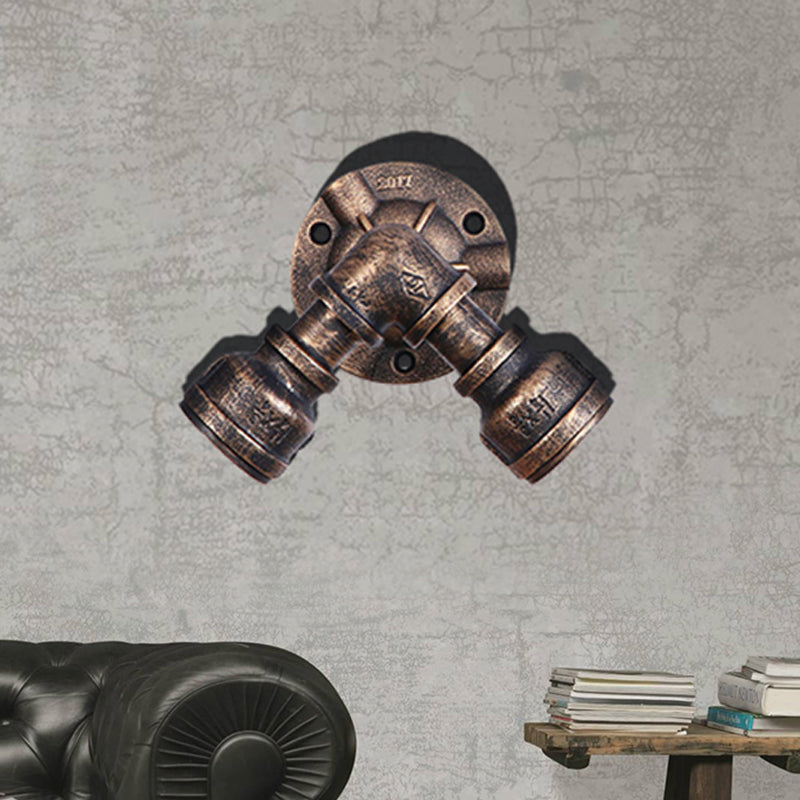 Siopsrl| 2 Heads Wall Lamp Fixture with Pipe Forged Iron Shade Rustic Style Living Room Wall Lamp Light in Aged Bronze
