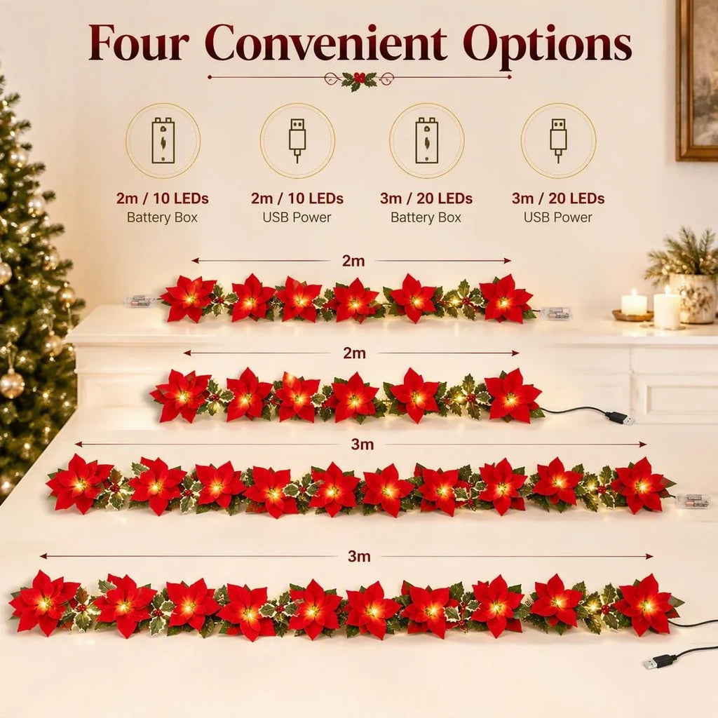 🎁LED Poinsettia Christmas Garland Lights for Holiday Decor