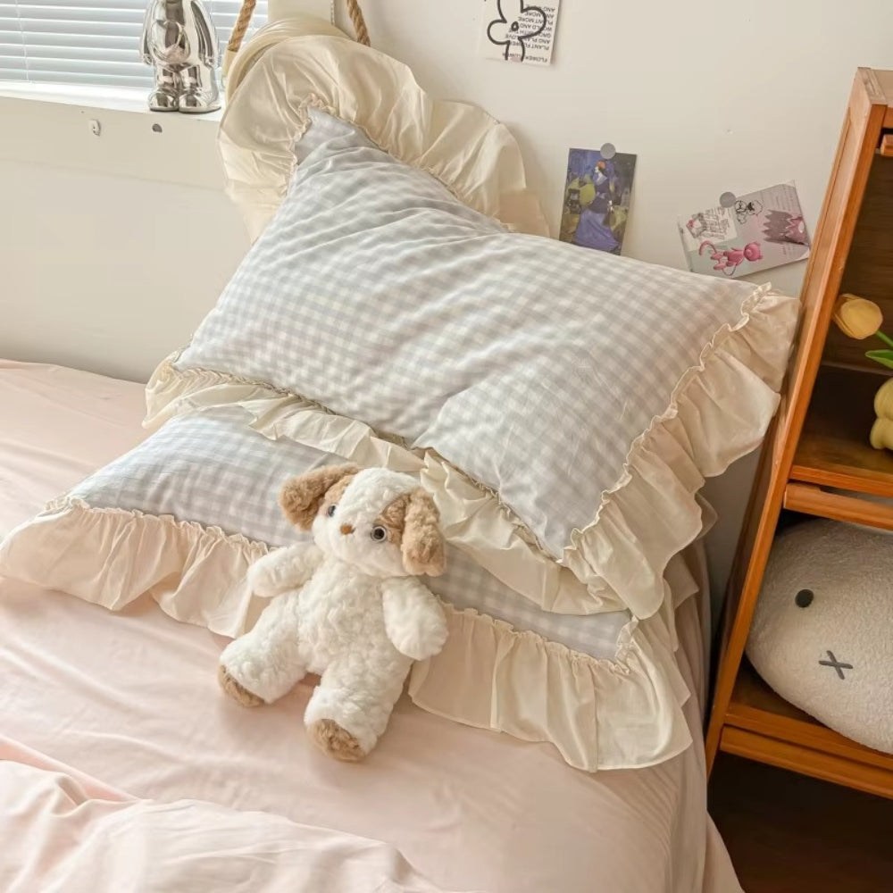 Siopsrl| Gingham Check Ruffled Edges Bedding Set