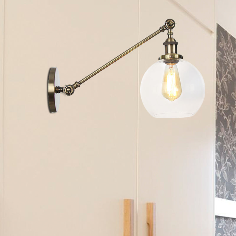 Siopsrl| Clear Glass Globe Wall Lighting Country House 1 Light Living Room Fixture in Black/ Brass/ Bronze with Arm, 8"/12" L