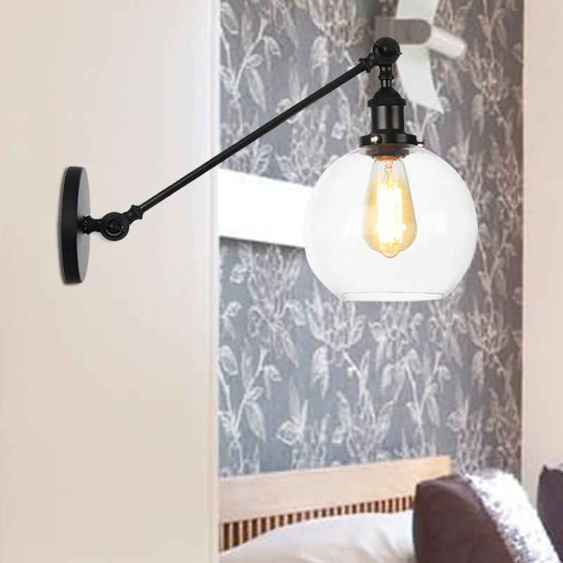 Siopsrl| Clear Glass Globe Wall Lighting Country House 1 Light Living Room Fixture in Black/ Brass/ Bronze with Arm, 8"/12" L