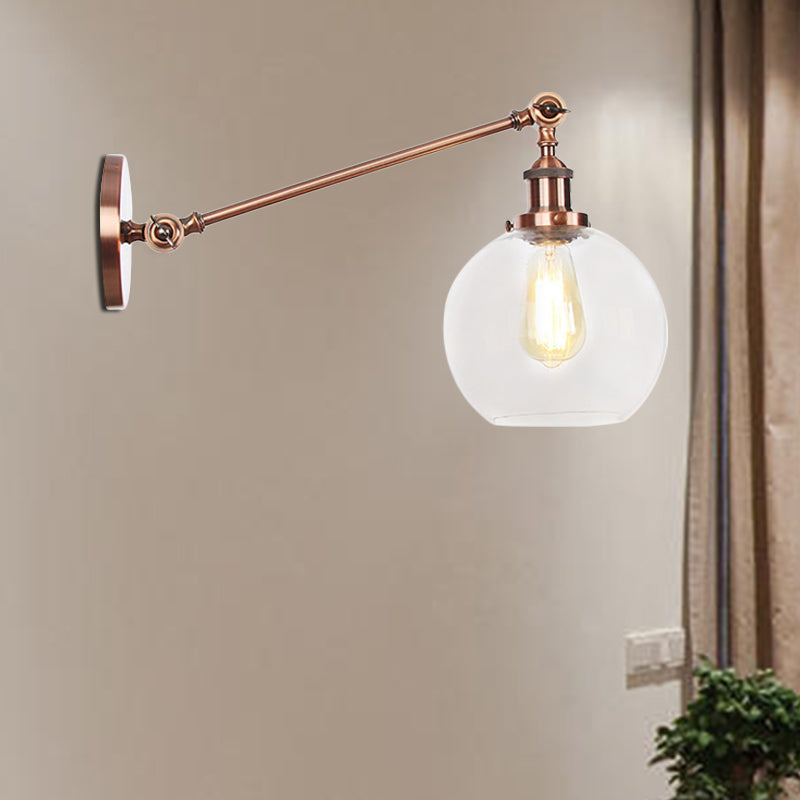 Siopsrl| Clear Glass Globe Wall Lighting Country House 1 Light Living Room Fixture in Black/ Brass/ Bronze with Arm, 8"/12" L