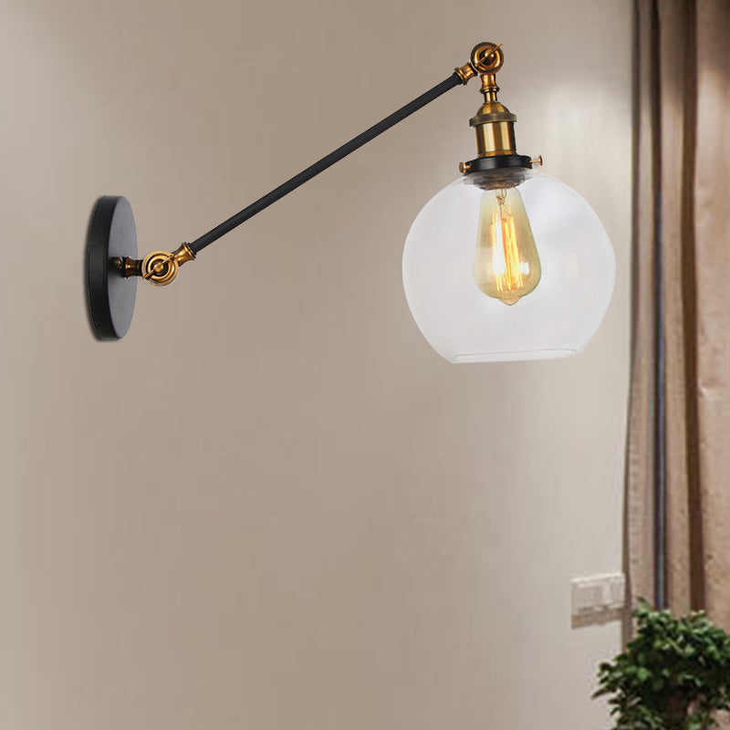 Siopsrl| Clear Glass Globe Wall Lighting Country House 1 Light Living Room Fixture in Black/ Brass/ Bronze with Arm, 8"/12" L