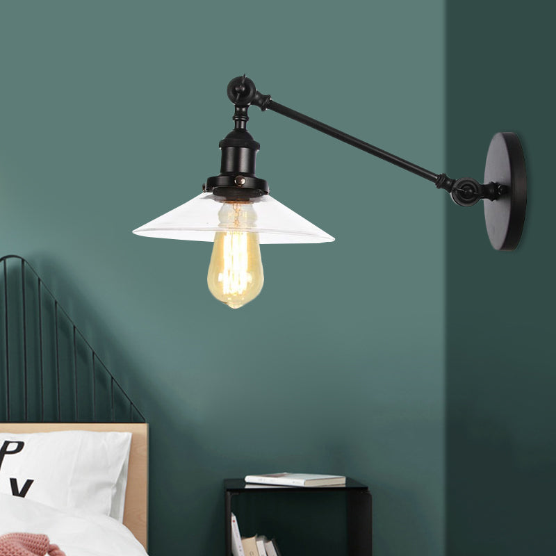 Siopsrl| 1 Light Indoor Wall Lamp Vintage Black/Brass/Bronze Lighting Fixture with Cone Transparent Glass Shade, 8"/12" L Arm