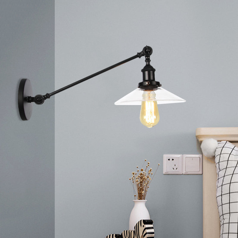 Siopsrl| 1 Light Indoor Wall Lamp Vintage Black/Brass/Bronze Lighting Fixture with Cone Transparent Glass Shade, 8"/12" L Arm