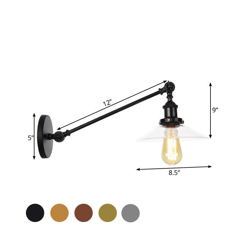 Siopsrl| 1 Light Indoor Wall Lamp Vintage Black/Brass/Bronze Lighting Fixture with Cone Transparent Glass Shade, 8"/12" L Arm