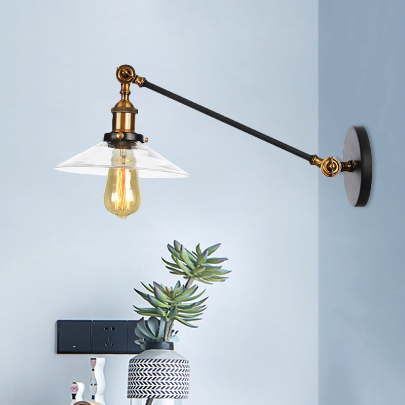 Siopsrl| 1 Light Indoor Wall Lamp Vintage Black/Brass/Bronze Lighting Fixture with Cone Transparent Glass Shade, 8"/12" L Arm