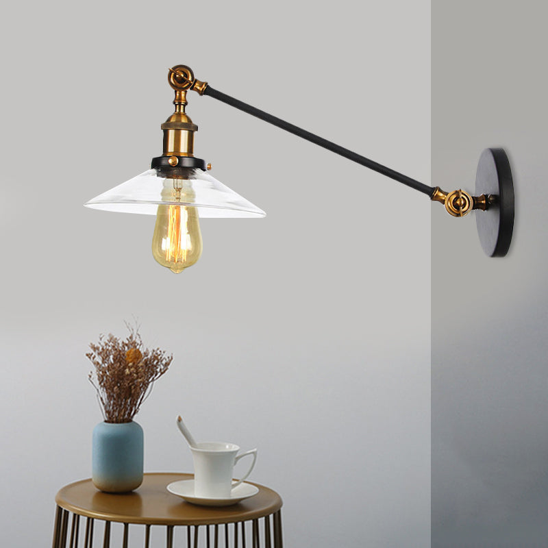 Siopsrl| 1 Light Indoor Wall Lamp Vintage Black/Brass/Bronze Lighting Fixture with Cone Transparent Glass Shade, 8"/12" L Arm