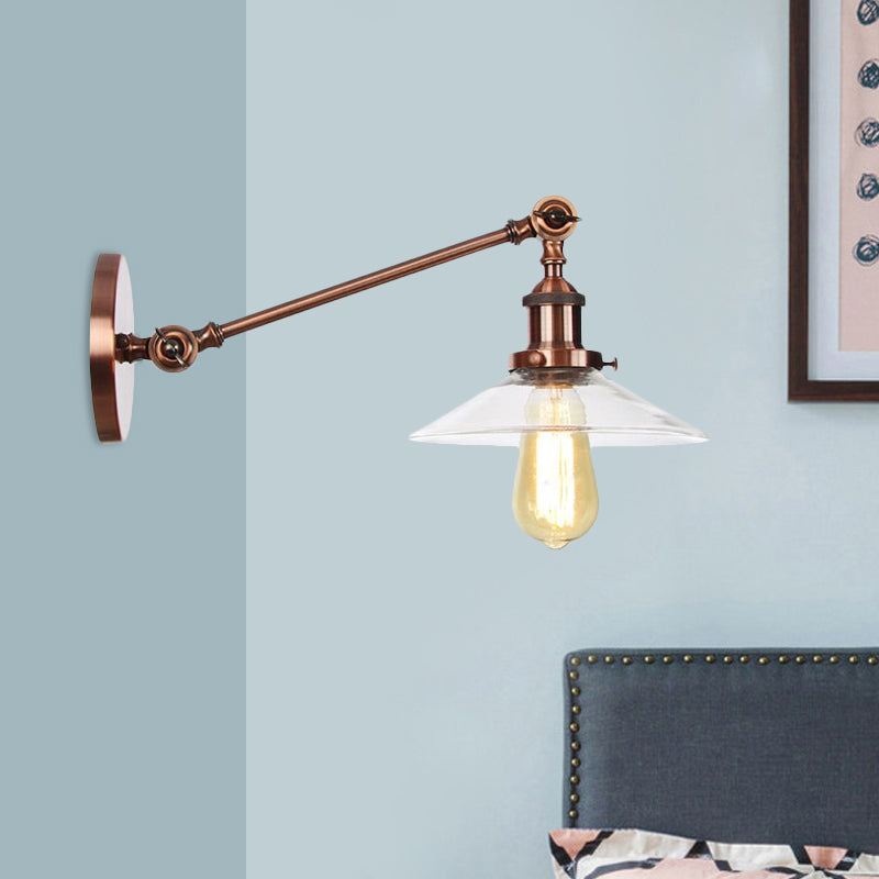 Siopsrl| 1 Light Indoor Wall Lamp Vintage Black/Brass/Bronze Lighting Fixture with Cone Transparent Glass Shade, 8"/12" L Arm