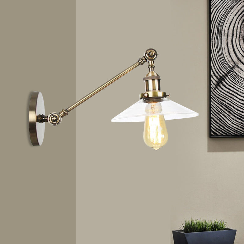 Siopsrl| 1 Light Indoor Wall Lamp Vintage Black/Brass/Bronze Lighting Fixture with Cone Transparent Glass Shade, 8"/12" L Arm