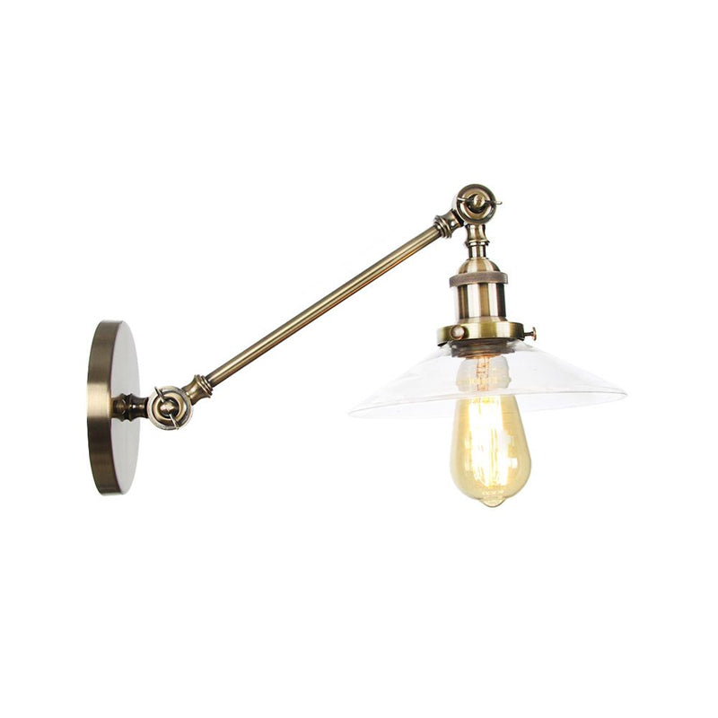 Siopsrl| 1 Light Indoor Wall Lamp Vintage Black/Brass/Bronze Lighting Fixture with Cone Transparent Glass Shade, 8"/12" L Arm
