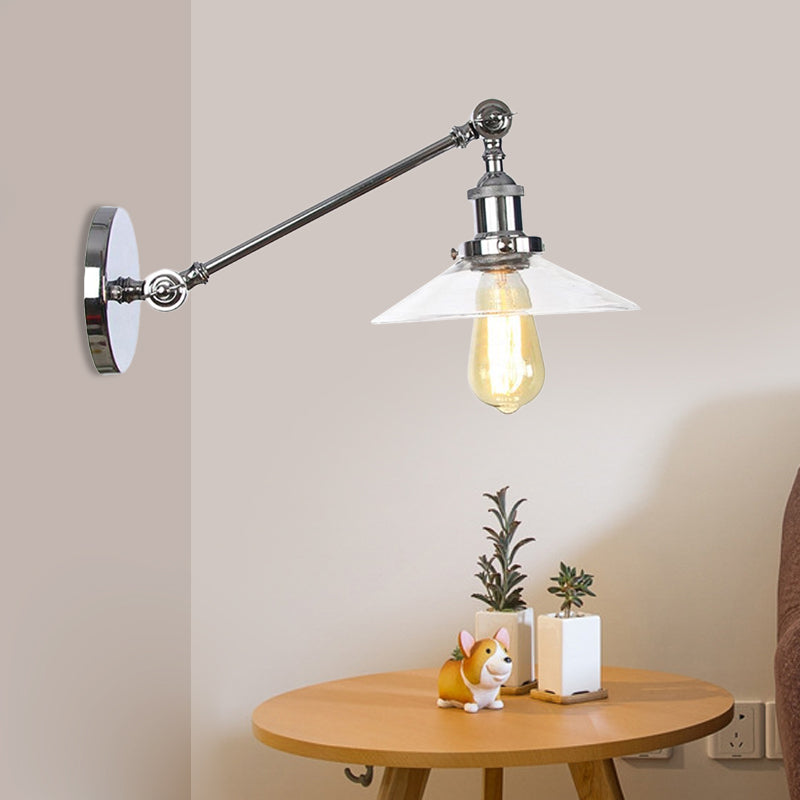 Siopsrl| 1 Light Indoor Wall Lamp Vintage Black/Brass/Bronze Lighting Fixture with Cone Transparent Glass Shade, 8"/12" L Arm
