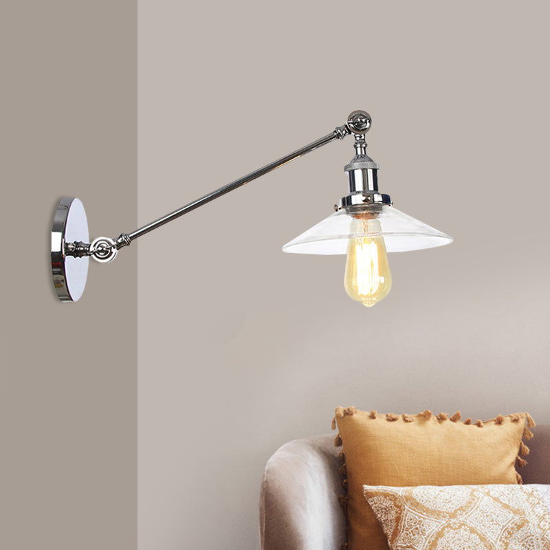 Siopsrl| 1 Light Indoor Wall Lamp Vintage Black/Brass/Bronze Lighting Fixture with Cone Transparent Glass Shade, 8"/12" L Arm