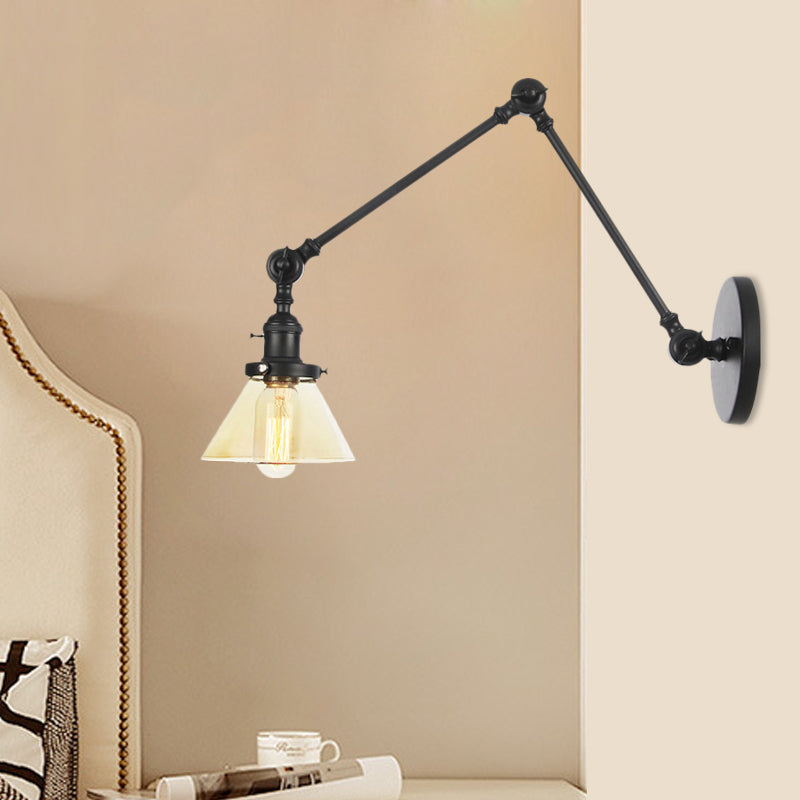 Siopsrl| 1 Light Wall Lamp Industrial Cone Clear/Amber Glass Wall Lamp in Black/Bronze/Brass with Adjustable Arm, 8“+8"/8"+8"+8" Long