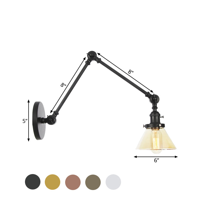 Siopsrl| 1 Light Wall Lamp Industrial Cone Clear/Amber Glass Wall Lamp in Black/Bronze/Brass with Adjustable Arm, 8“+8"/8"+8"+8" Long