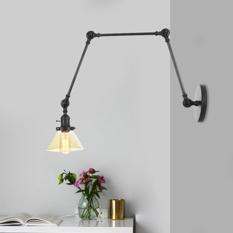 Siopsrl| 1 Light Wall Lamp Industrial Cone Clear/Amber Glass Wall Lamp in Black/Bronze/Brass with Adjustable Arm, 8“+8"/8"+8"+8" Long