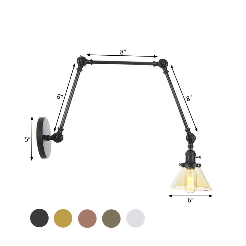 Siopsrl| 1 Light Wall Lamp Industrial Cone Clear/Amber Glass Wall Lamp in Black/Bronze/Brass with Adjustable Arm, 8“+8"/8"+8"+8" Long