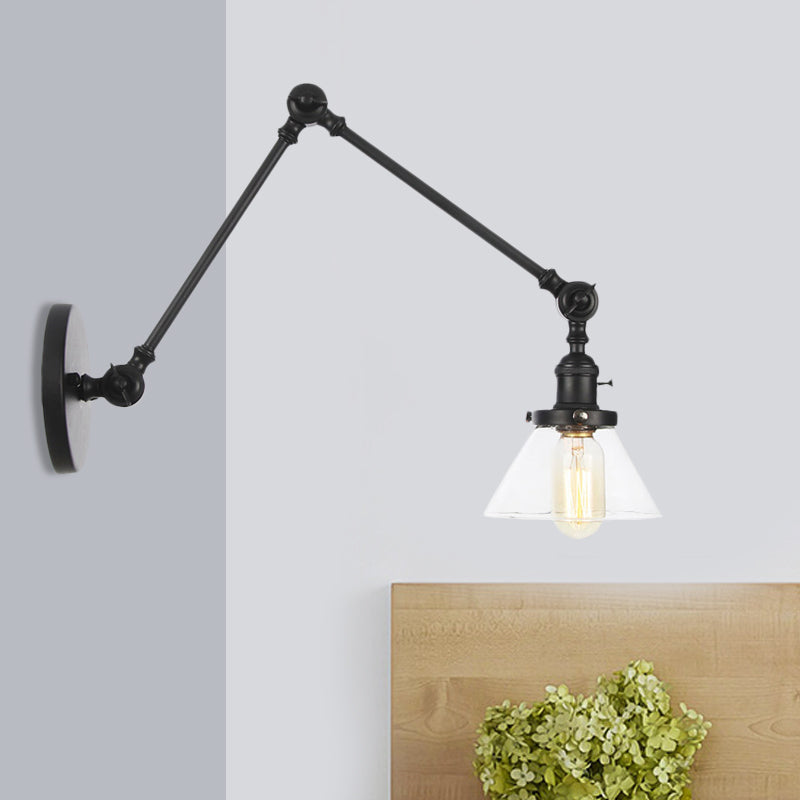 Siopsrl| 1 Light Wall Lamp Industrial Cone Clear/Amber Glass Wall Lamp in Black/Bronze/Brass with Adjustable Arm, 8“+8"/8"+8"+8" Long