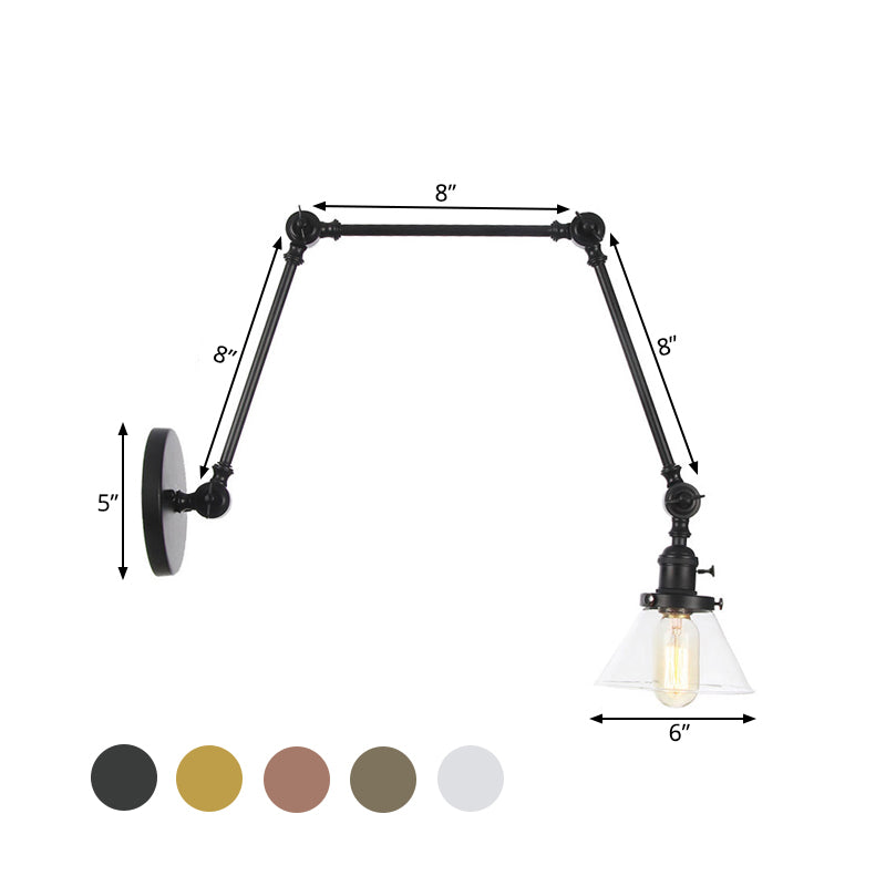 Siopsrl| 1 Light Wall Lamp Industrial Cone Clear/Amber Glass Wall Lamp in Black/Bronze/Brass with Adjustable Arm, 8“+8"/8"+8"+8" Long