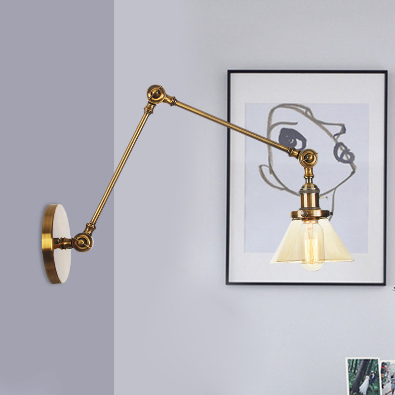 Siopsrl| 1 Light Wall Lamp Industrial Cone Clear/Amber Glass Wall Lamp in Black/Bronze/Brass with Adjustable Arm, 8“+8"/8"+8"+8" Long