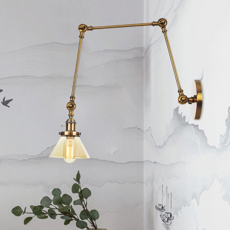 Siopsrl| 1 Light Wall Lamp Industrial Cone Clear/Amber Glass Wall Lamp in Black/Bronze/Brass with Adjustable Arm, 8“+8"/8"+8"+8" Long