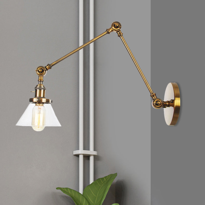 Siopsrl| 1 Light Wall Lamp Industrial Cone Clear/Amber Glass Wall Lamp in Black/Bronze/Brass with Adjustable Arm, 8“+8"/8"+8"+8" Long