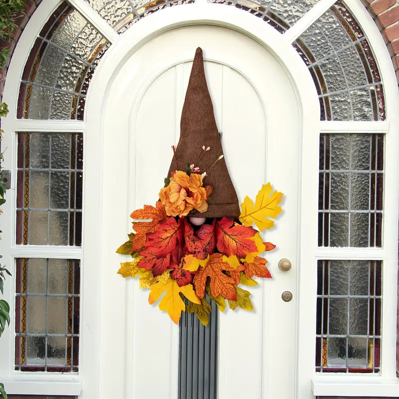 Siopsrl| Halloween Front Door Wreath | Fall Gnome & Maple Leaf Design | 16-Inch Rustic Decor