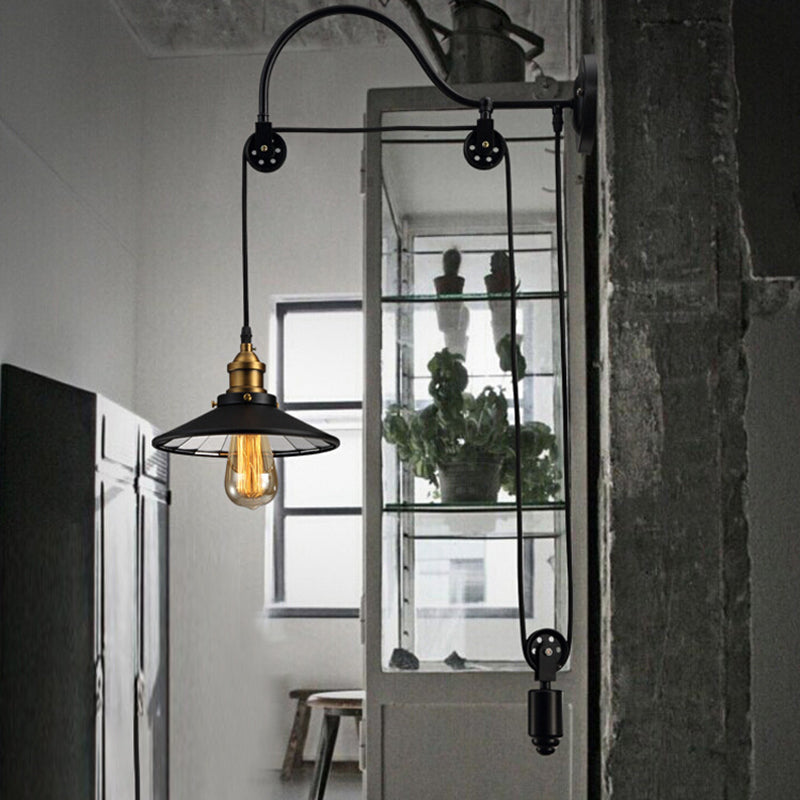 Siopsrl| 1 Light Flared Pulley Wall Lamp Industrial Black Metallic Sconces Lamp with Gooseneck Arm