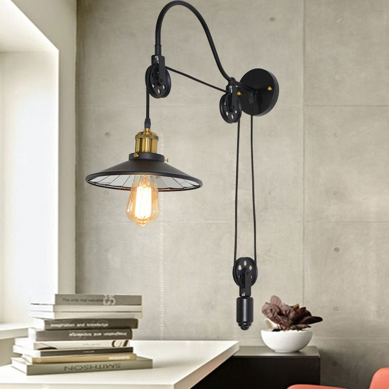 Siopsrl| 1 Light Flared Pulley Wall Lamp Industrial Black Metallic Sconces Lamp with Gooseneck Arm
