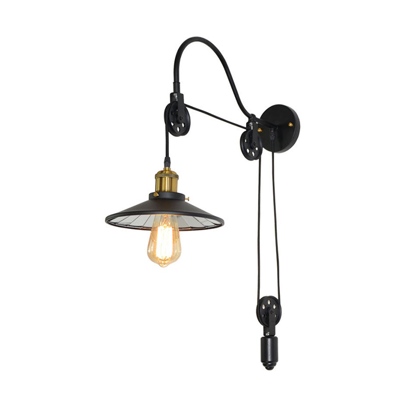 Siopsrl| 1 Light Flared Pulley Wall Lamp Industrial Black Metallic Sconces Lamp with Gooseneck Arm