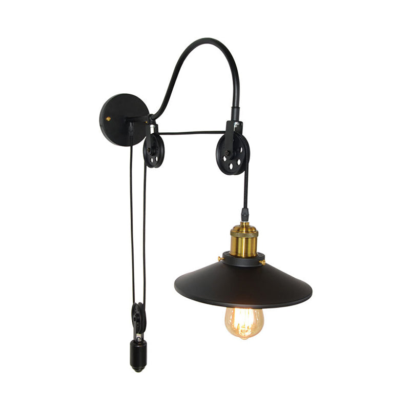 Siopsrl| 1 Light Flared Pulley Wall Lamp Industrial Black Metallic Sconces Lamp with Gooseneck Arm