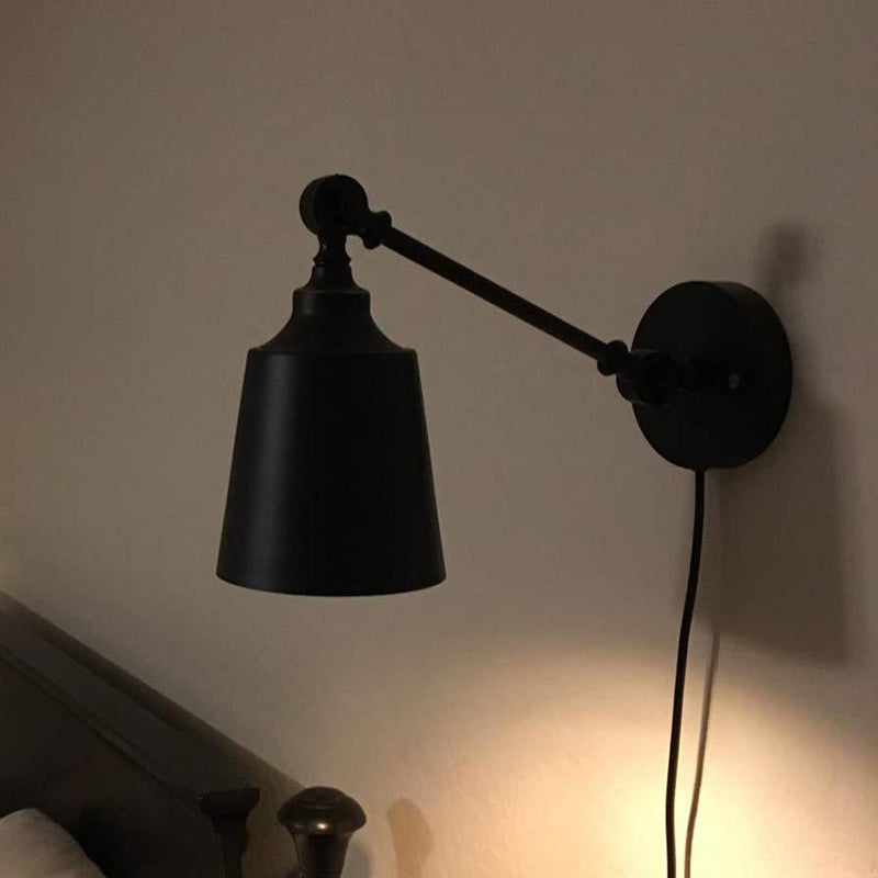 Siopsrl| Iron Bell Wall Mount Sconce Industrial 1 Head Nightstand Plug-In Wall Light Fixture in Black with Swivel Arm