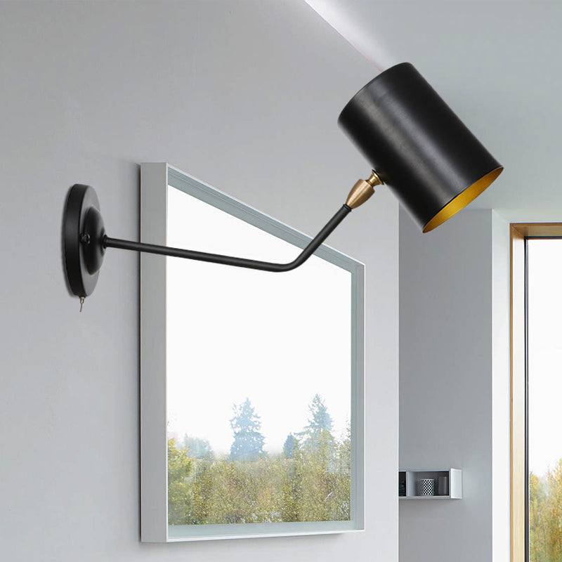Siopsrl| Right Angle Arm Iron Wall Light Vintage 1-Light Study Room Wall Mount Fixture in Black with Cylinder Shade, 6"/10" H