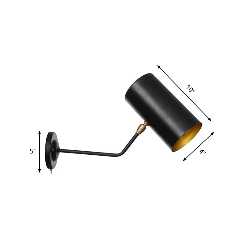 Siopsrl| Right Angle Arm Iron Wall Light Vintage 1-Light Study Room Wall Mount Fixture in Black with Cylinder Shade, 6"/10" H