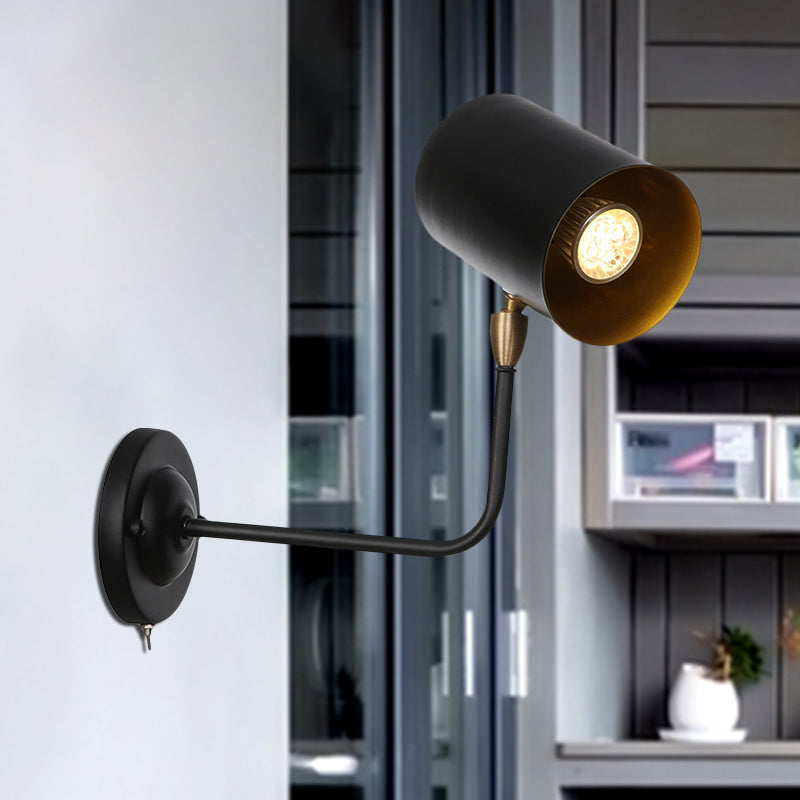 Siopsrl| 1 Light Sconces Lighting Fixture Industrial Cylinder Metal Wall Lamp in Black with Curved Arm for Bedside