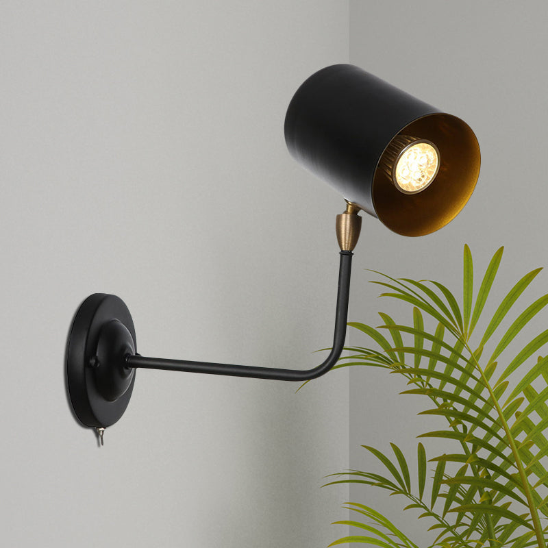 Siopsrl| 1 Light Sconces Lighting Fixture Industrial Cylinder Metal Wall Lamp in Black with Curved Arm for Bedside