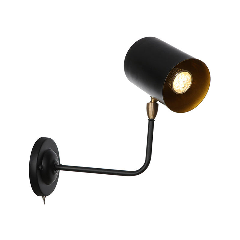 Siopsrl| 1 Light Sconces Lighting Fixture Industrial Cylinder Metal Wall Lamp in Black with Curved Arm for Bedside