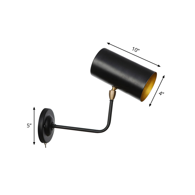 Siopsrl| 1 Light Sconces Lighting Fixture Industrial Cylinder Metal Wall Lamp in Black with Curved Arm for Bedside