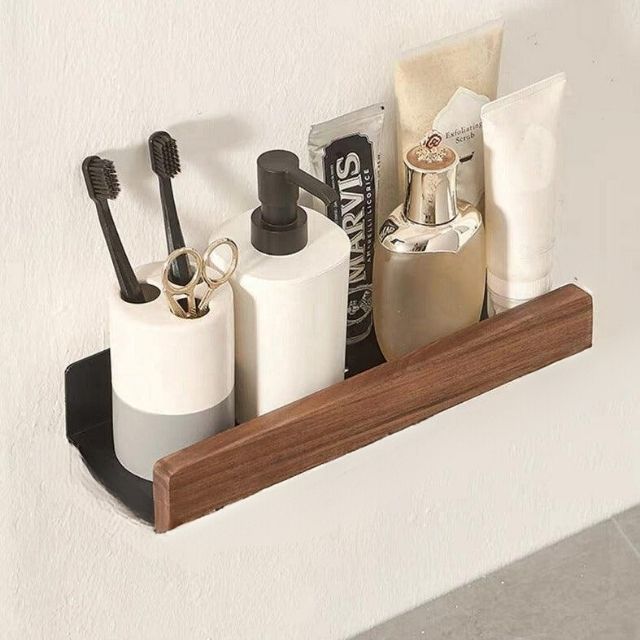 Siopsrl| Solid Wood Bathroom Shelf – No-Drill Wall-Mounted Organiser Rack