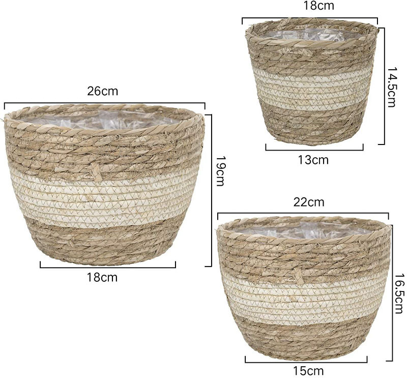Siopsrl| Decorative plant baskets made of seagrass in a set of 3 – Handwoven flower pots with foil insert