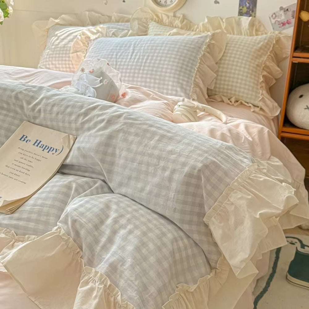 Siopsrl| Gingham Check Ruffled Edges Bedding Set